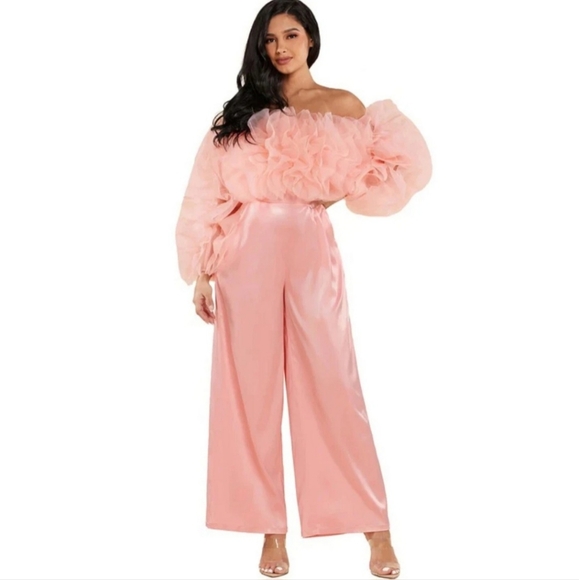 AKIRA Pants - AKIRA Puffy Sleeve Pink Jumpsuit Womens SMALL